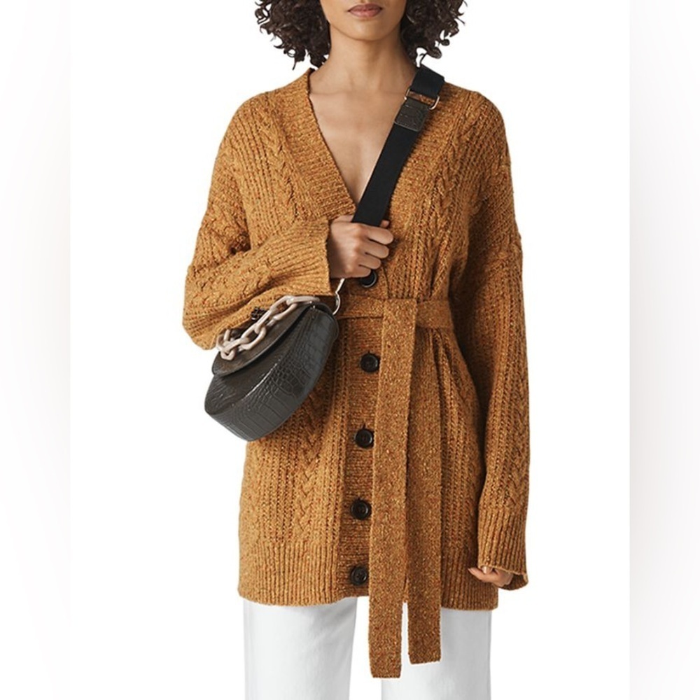 Whistles Wool Blend Oversized Cable Knit Button Front Belted Cardigan Sw…